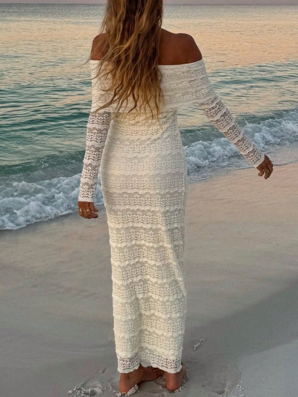 Apricot Elegant Off-Shoulder Long Sleeve Form-Fitting Women's Sexy Dress - Picture 5 of 6